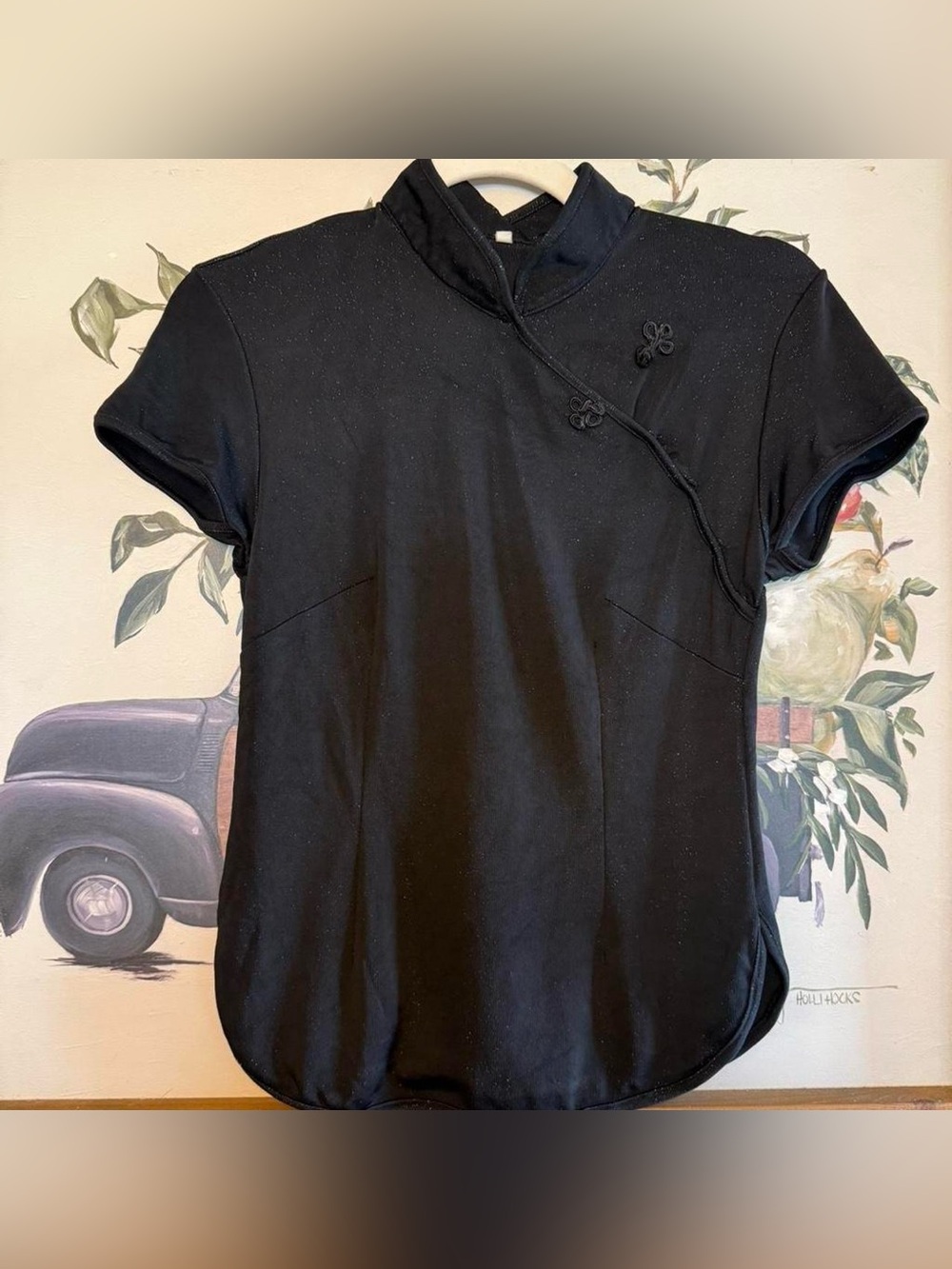 Black Mandarin Collar Short Sleeve Top